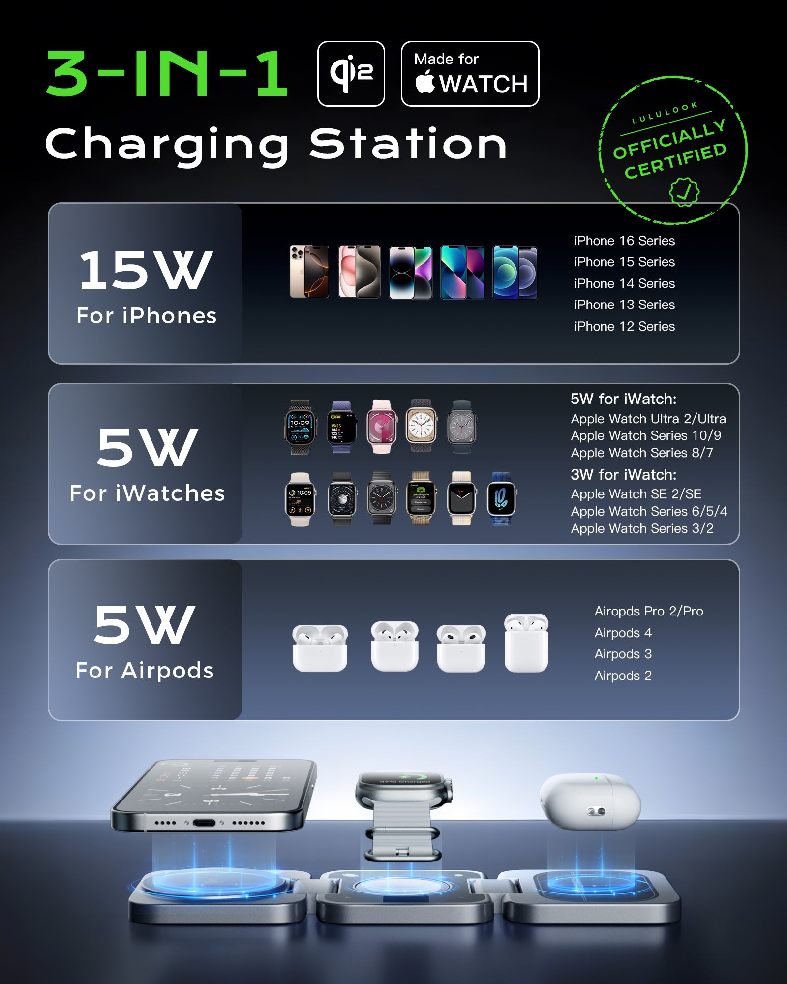 Qi2 + MFI Certified Wireless Charging Station for Apple